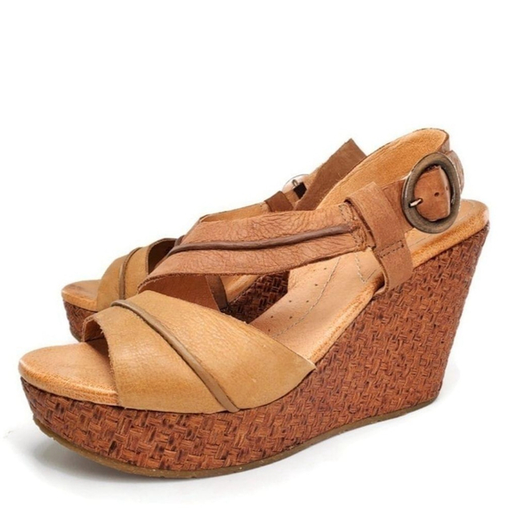 Naya Estra Tan Natural Leather Straps & Woven Bamboo Wrapped Wedge Heel Sandals - Picture 1 of 14